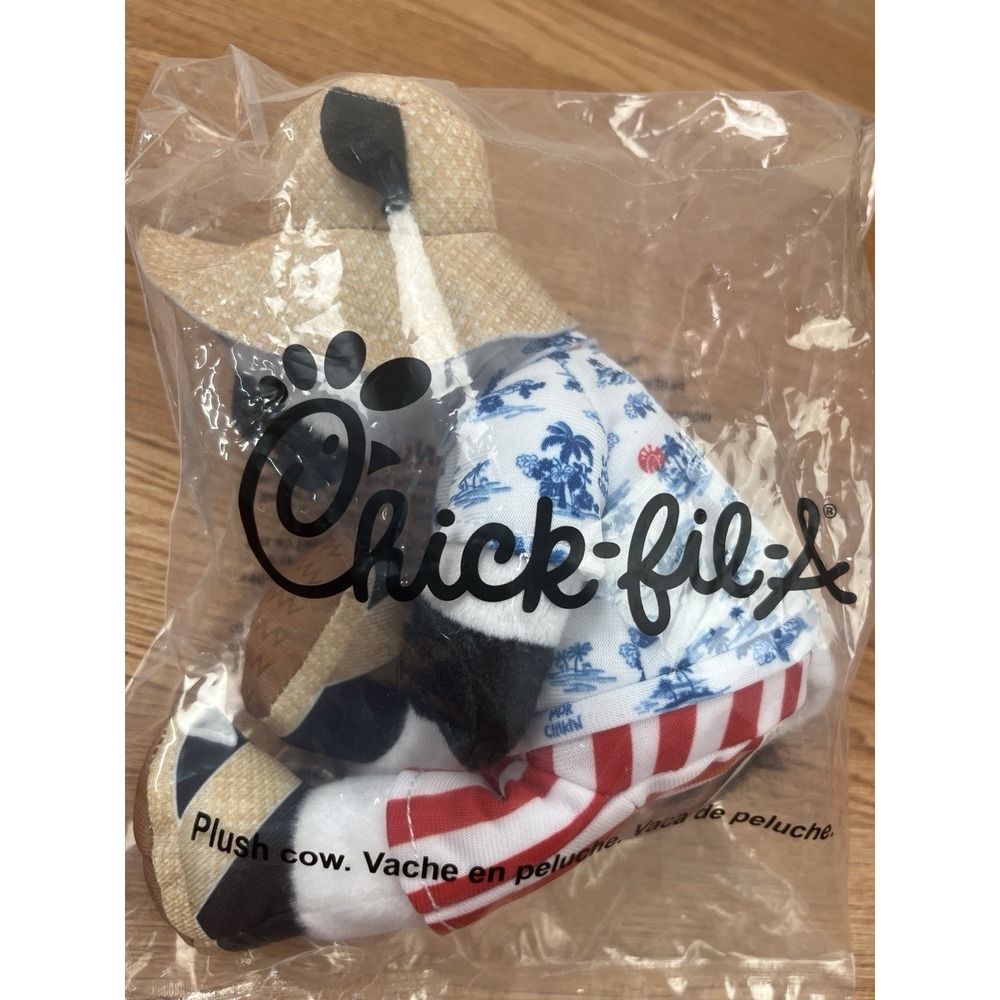 Chick-fil-A Summer 2025 Plush Cow Hawaiian Shirt Beach Hat 9"‎ NEW Sealed
